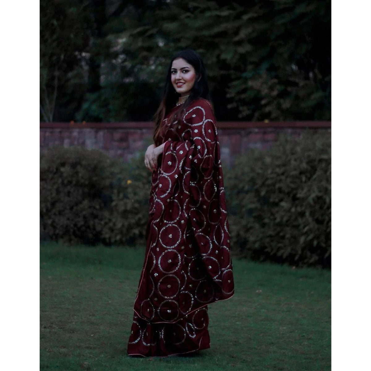 Shopesy Maroon Silk Saree with Beautiful Circle Sequence Work and Silk Blouse for Wedding