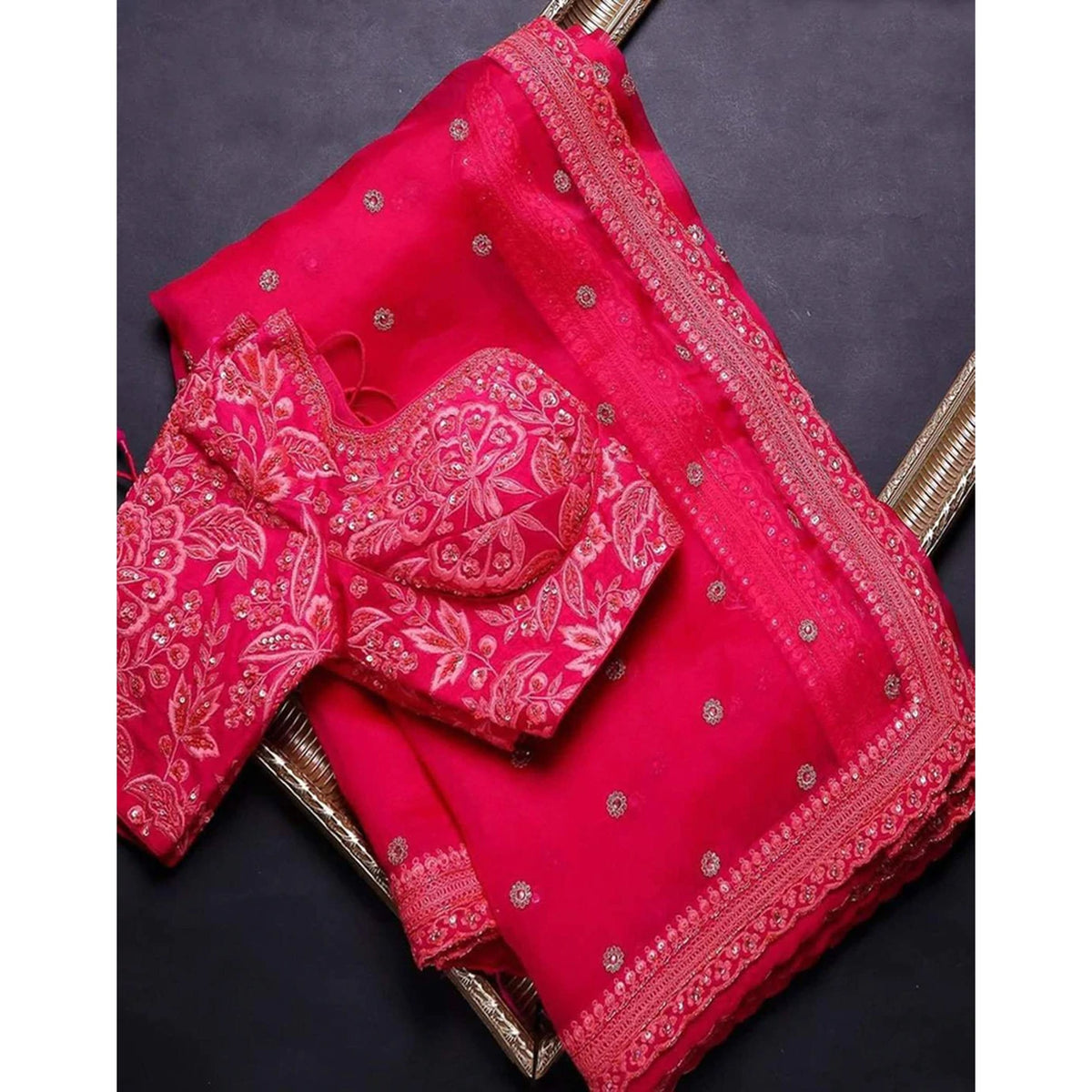 Shopesy Neon Pink Organza Silk Saree with Heavy Embroidery Work