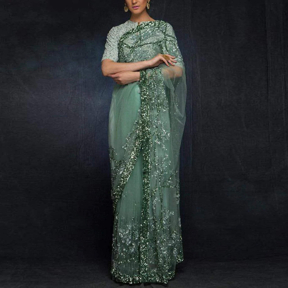 Shopesy New Party Wear Sequence on Butterfly Net Saree and Printed Blouse