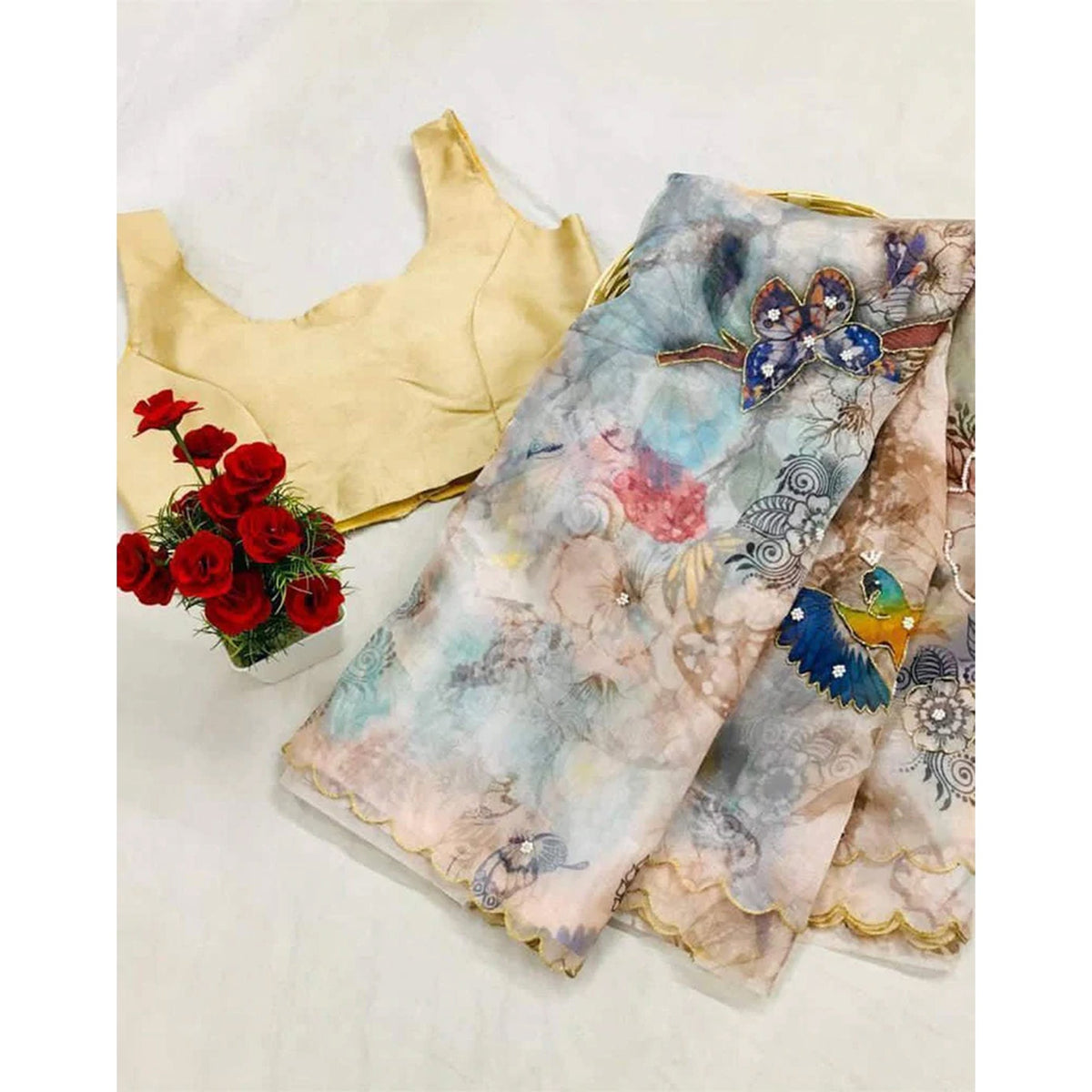 Shopesy Organza Silk Digital Print Saree with Blouse for Wedding and Party