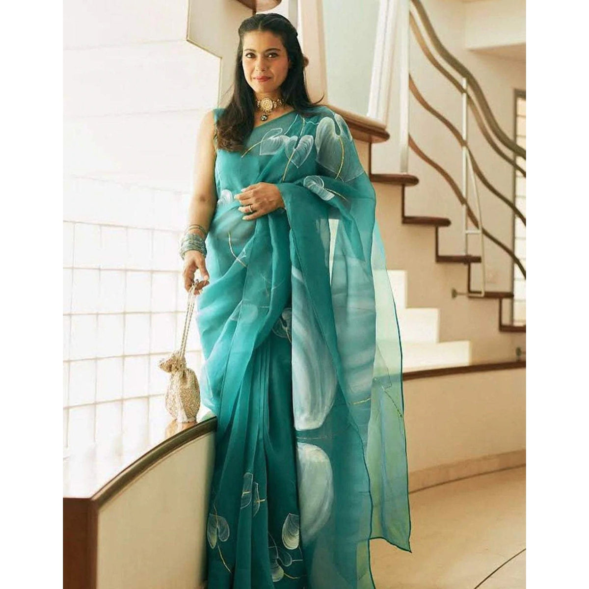 Shopesy Organza Silk Saree with Beautiful Blue Aqua Digital Print Handwork and Silk Blouse for Wedding