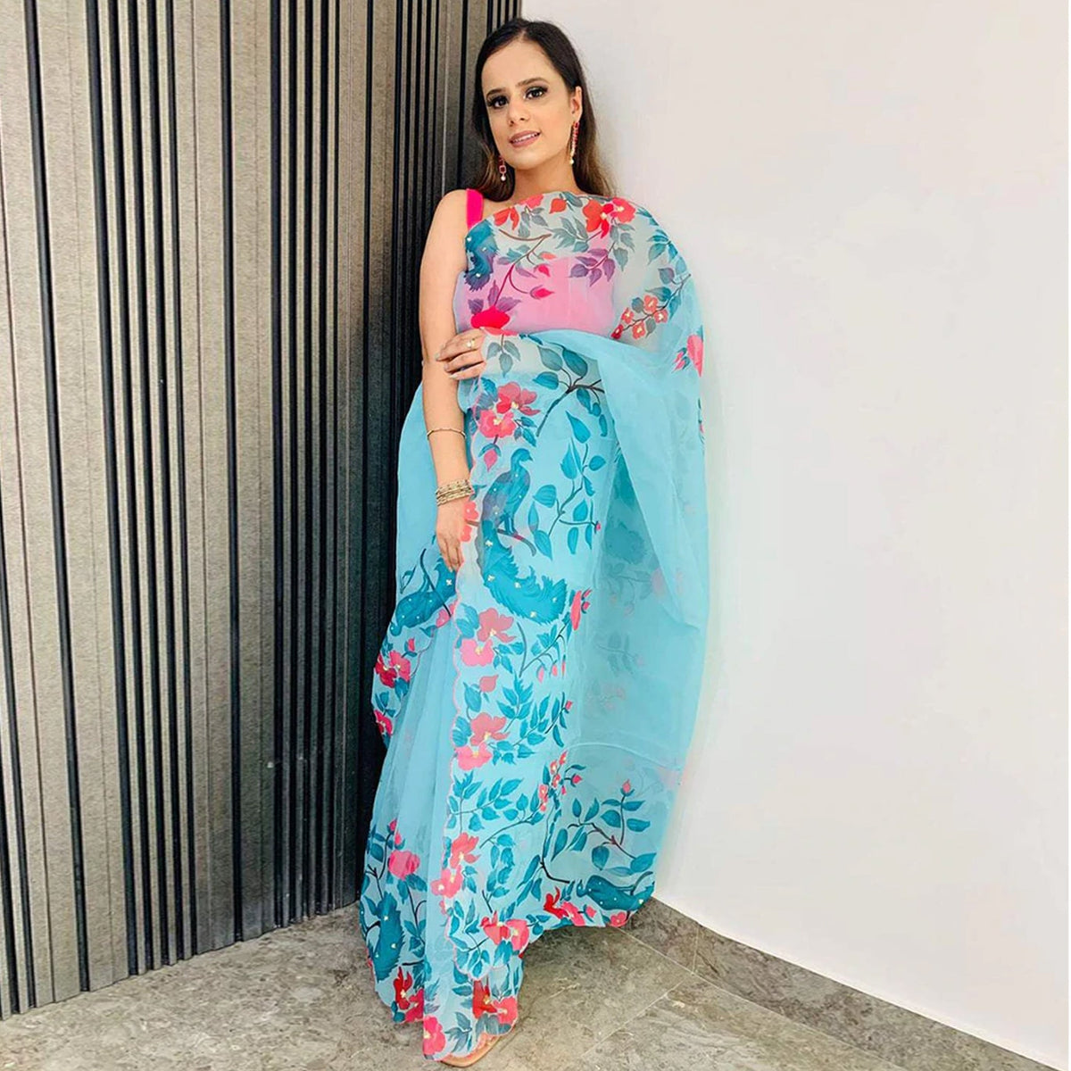 Shopesy Organza Silk Saree with Beautiful Floral Digital Print Handwork and Pink Silk Blouse for Wedding