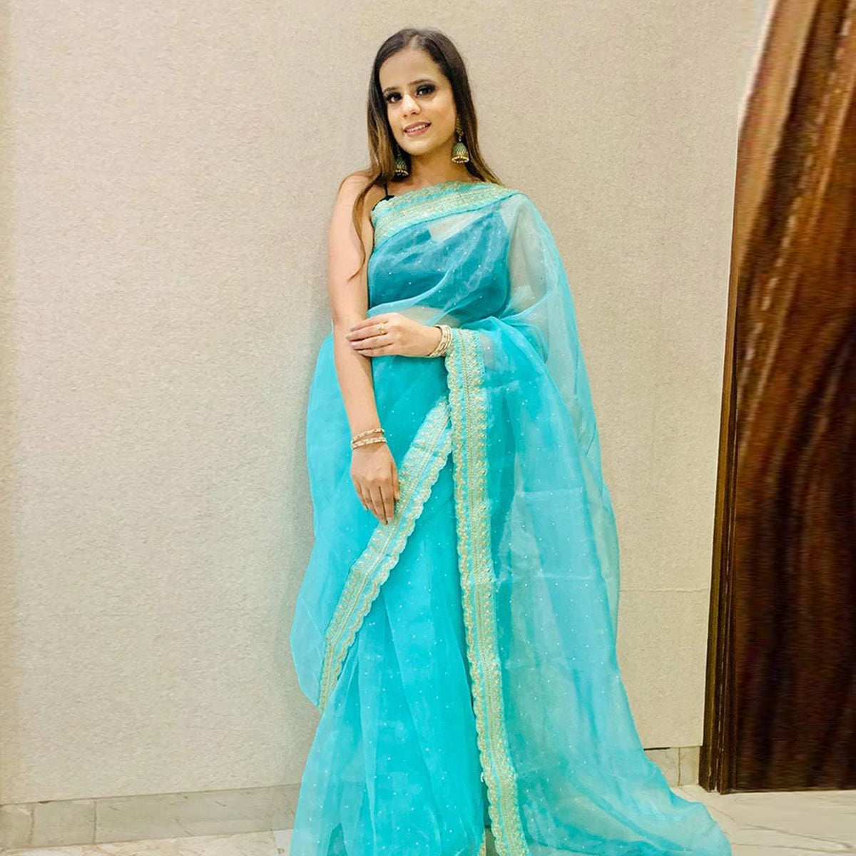 Shopesy Organza Silk Saree with Beautiful Mukesh Work and Sequence Work Silk Blouse for Wedding