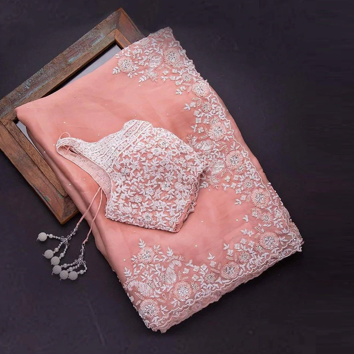 Shopesy Peach Organza Silk Saree with Sequins and Thread Work