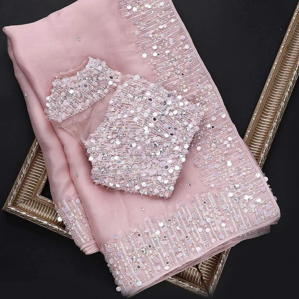 Shopesy Pink Organza Silk Saree with Embroidery and Mirror Work