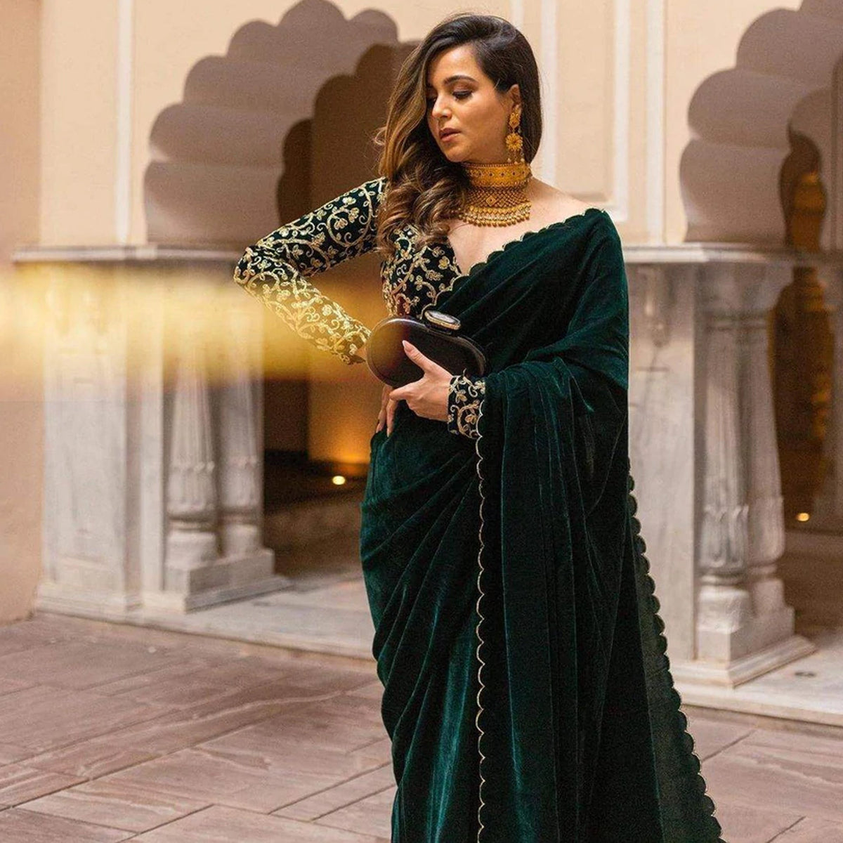 Shopesy Pure Velvet Designer Green Saree with Heavy Embroidery Work Unstitched Blouse