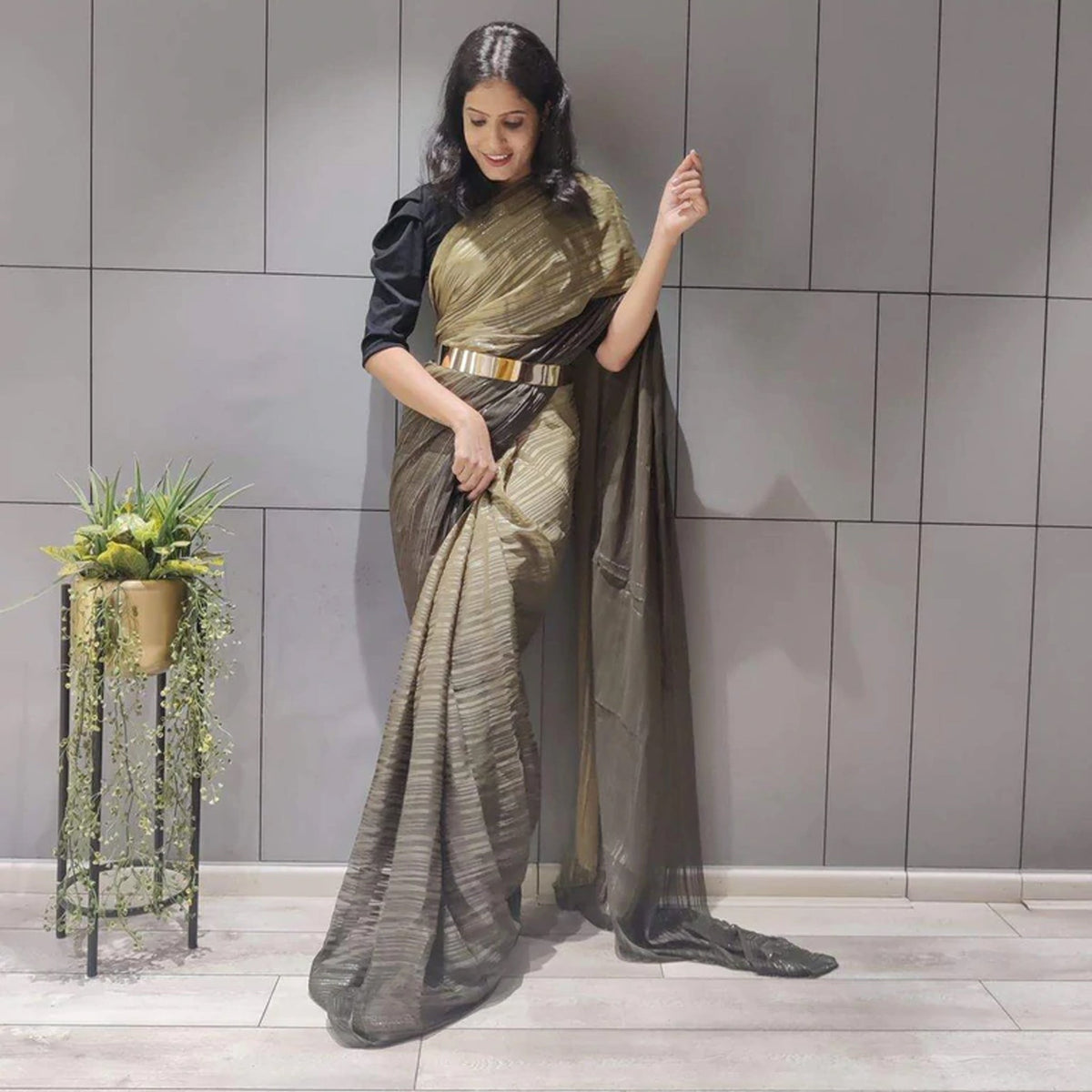 Shopesy Ready to Wear Chiffon Saree with Metal Belt