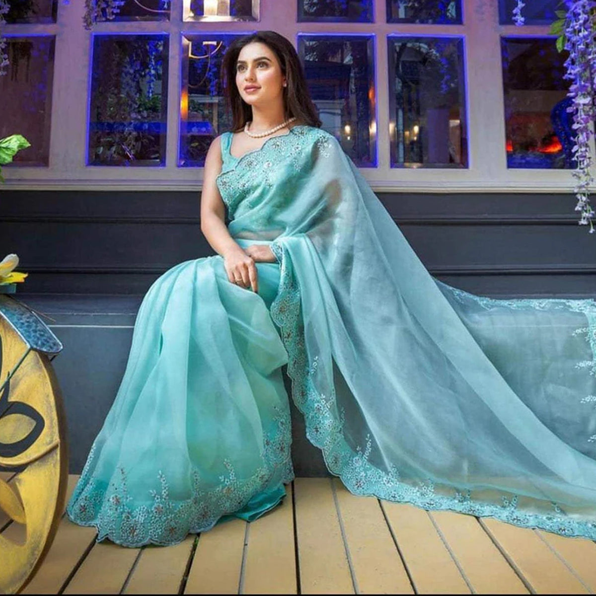 Shopesy Sky Blue Organza Silk Saree with Beautiful Viscose Embroidery Work and Silk Blouse for Wedding