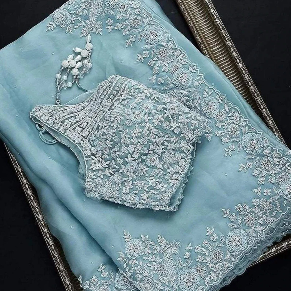 Shopesy Sky Blue Organza Silk Saree with Heavy Embroidery work