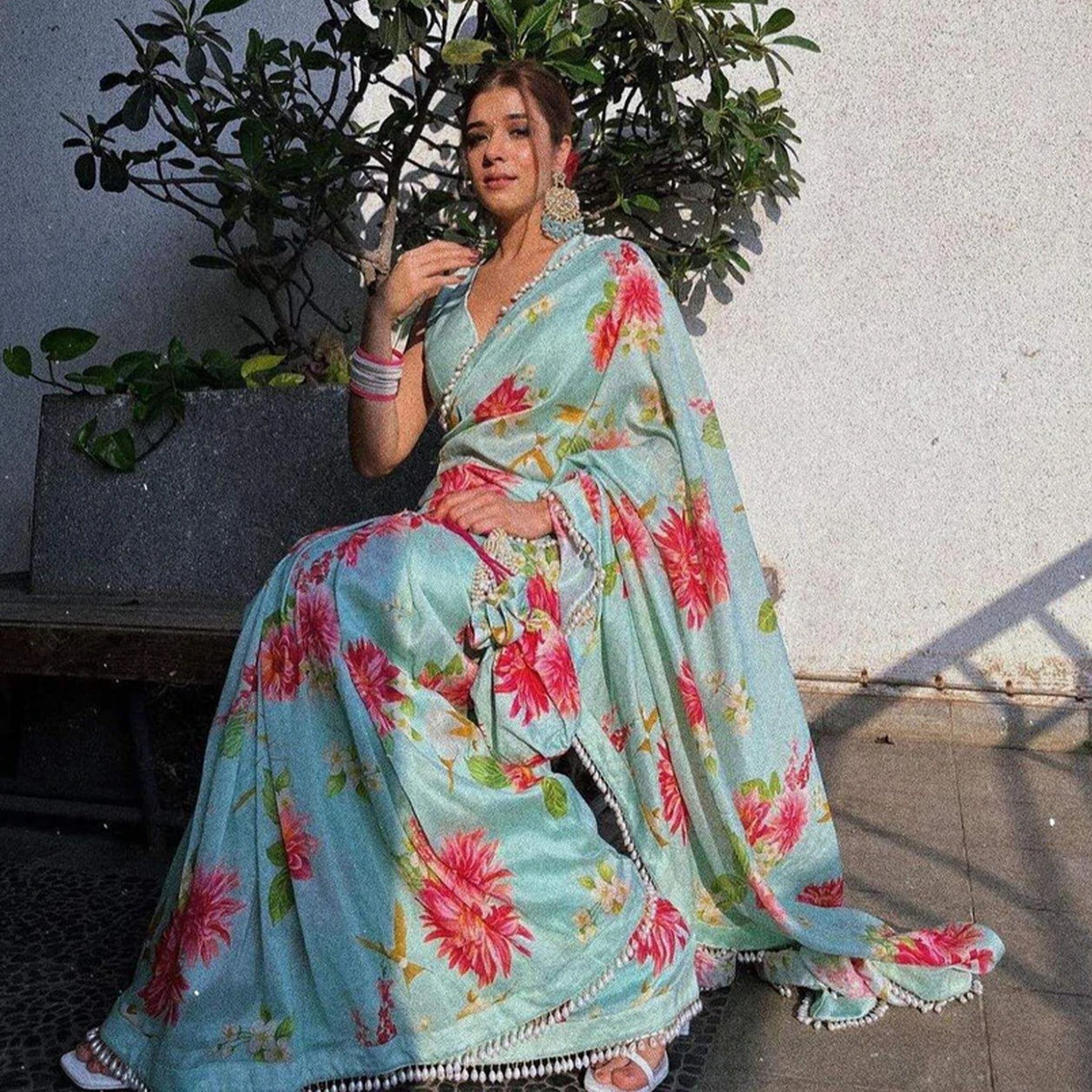 Shopesy Sky colored Flower Printed Satin Saree
