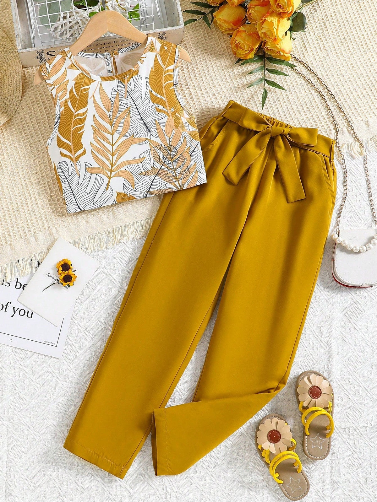Shopesy Girls Mustard Top & Pants Set | Kids Stylish Co-Ord Outfit