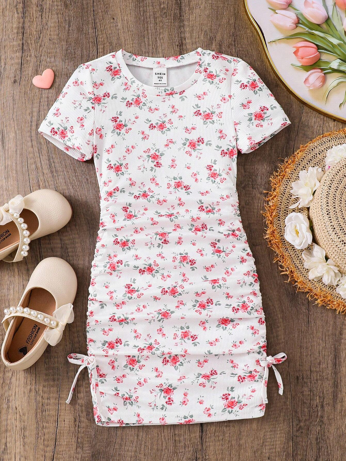 Shopesy Girls White & Pink Floral Ruched Bodycon Dress