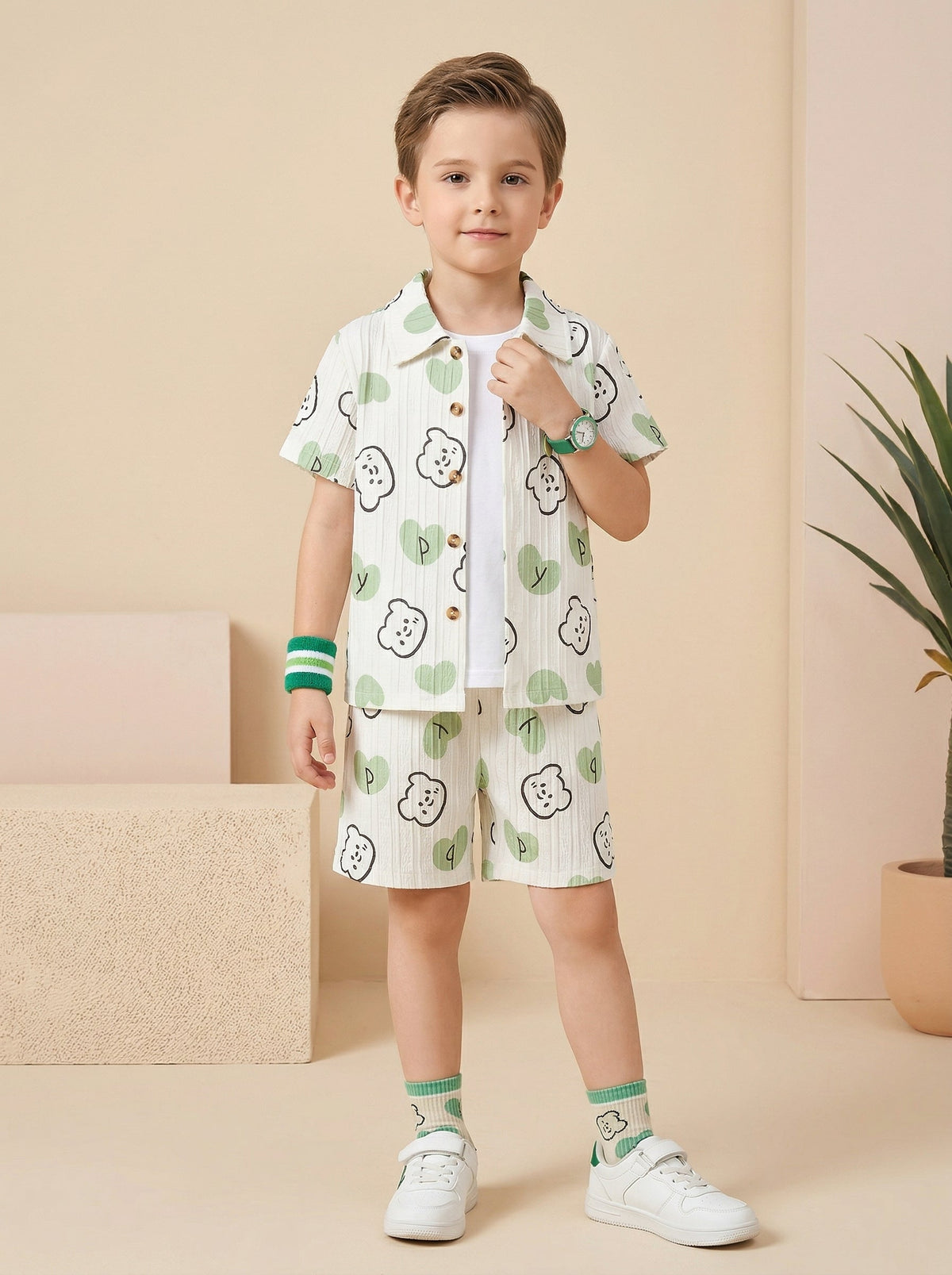 Shopesy Boys White & Green Printed Co-Ord Set – Cotton Shirt & Shorts Summer Outfit for Kids