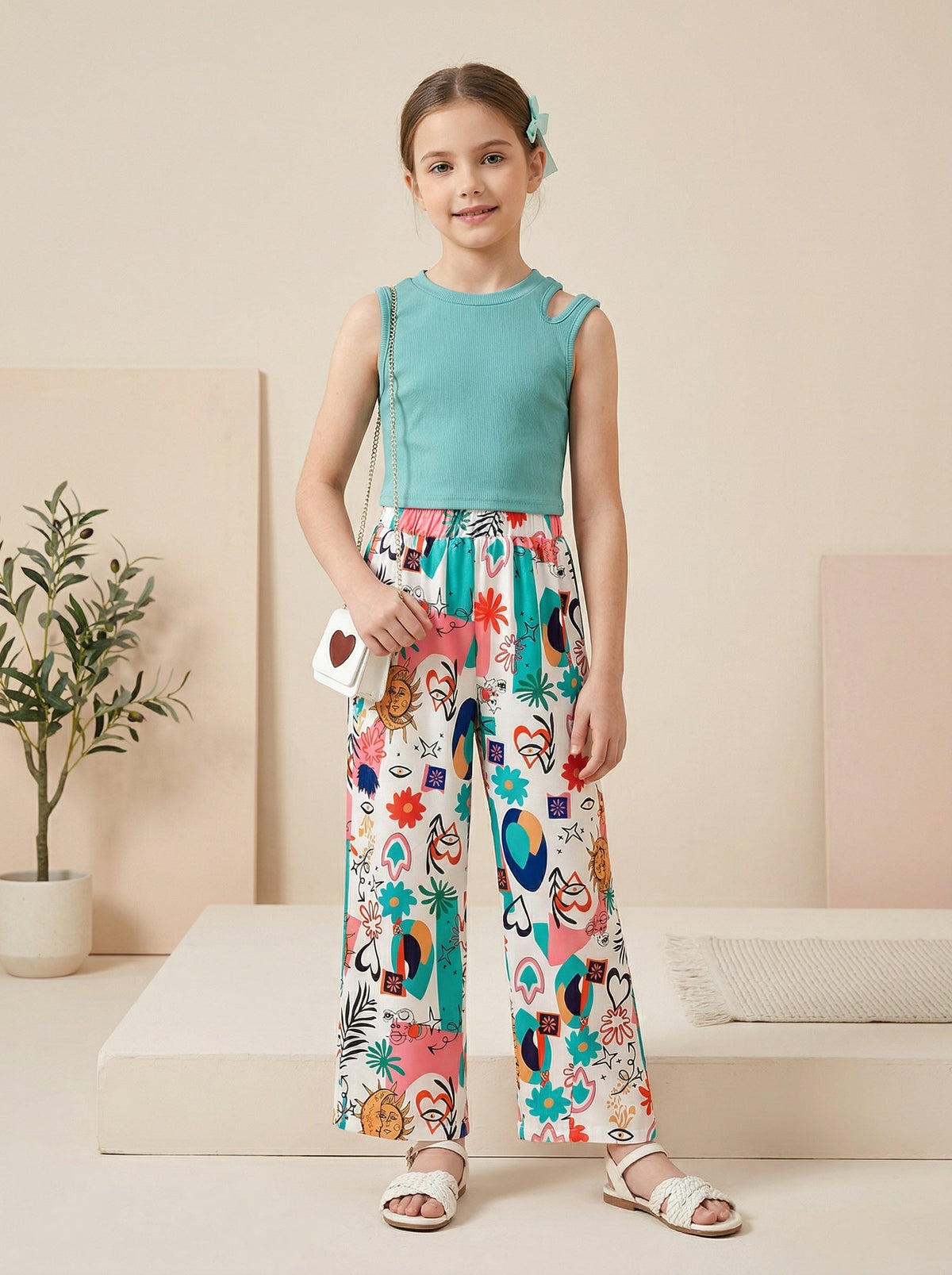 Shopesy Girls Teal Sleeveless Top & Multicolor Printed Wide Leg Pants Set