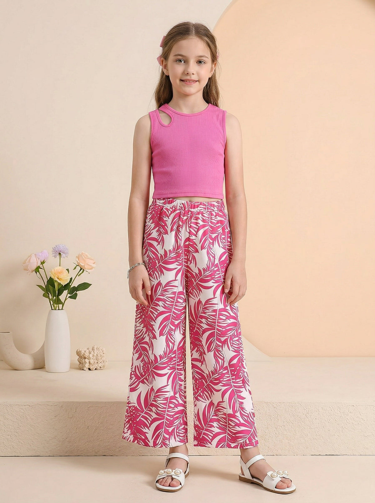 Shopesy Girls Pink Sleeveless Ribbed Top & Tropical Leaf Printed Wide Leg Pants Set
