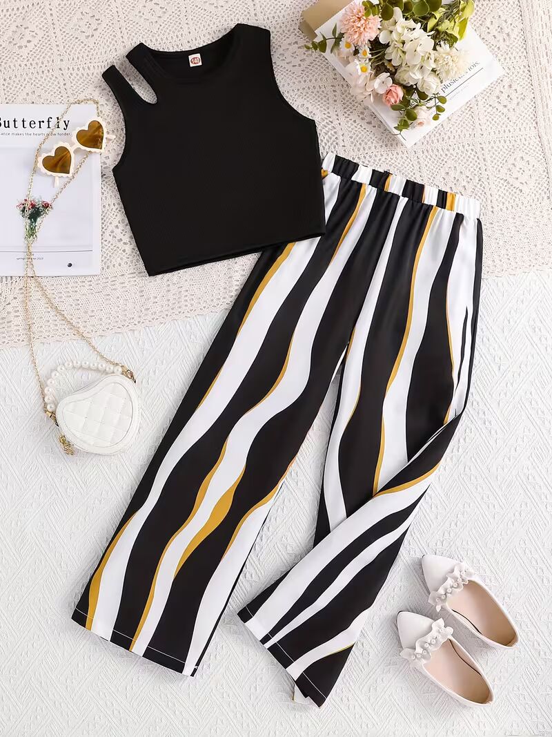 Shopesy Girls Black Ribbed Sleeveless Crop Top & Striped Wide Leg Pants Set