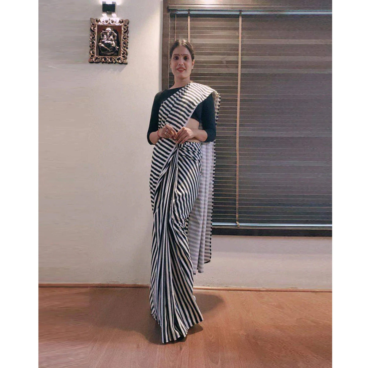 Shopesy Black and White striped Ready to wear Georgette Saree