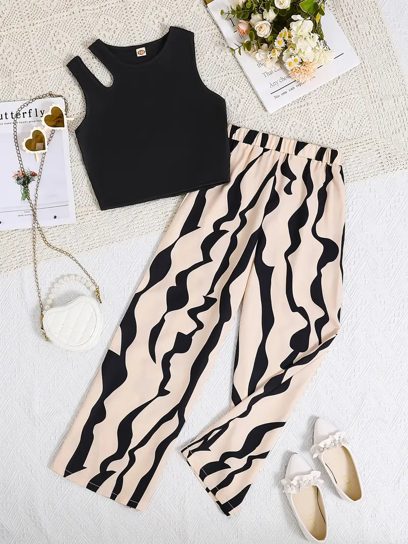 Shopesy Girls Black Crop Top with Beige & Black Printed Wide Pants