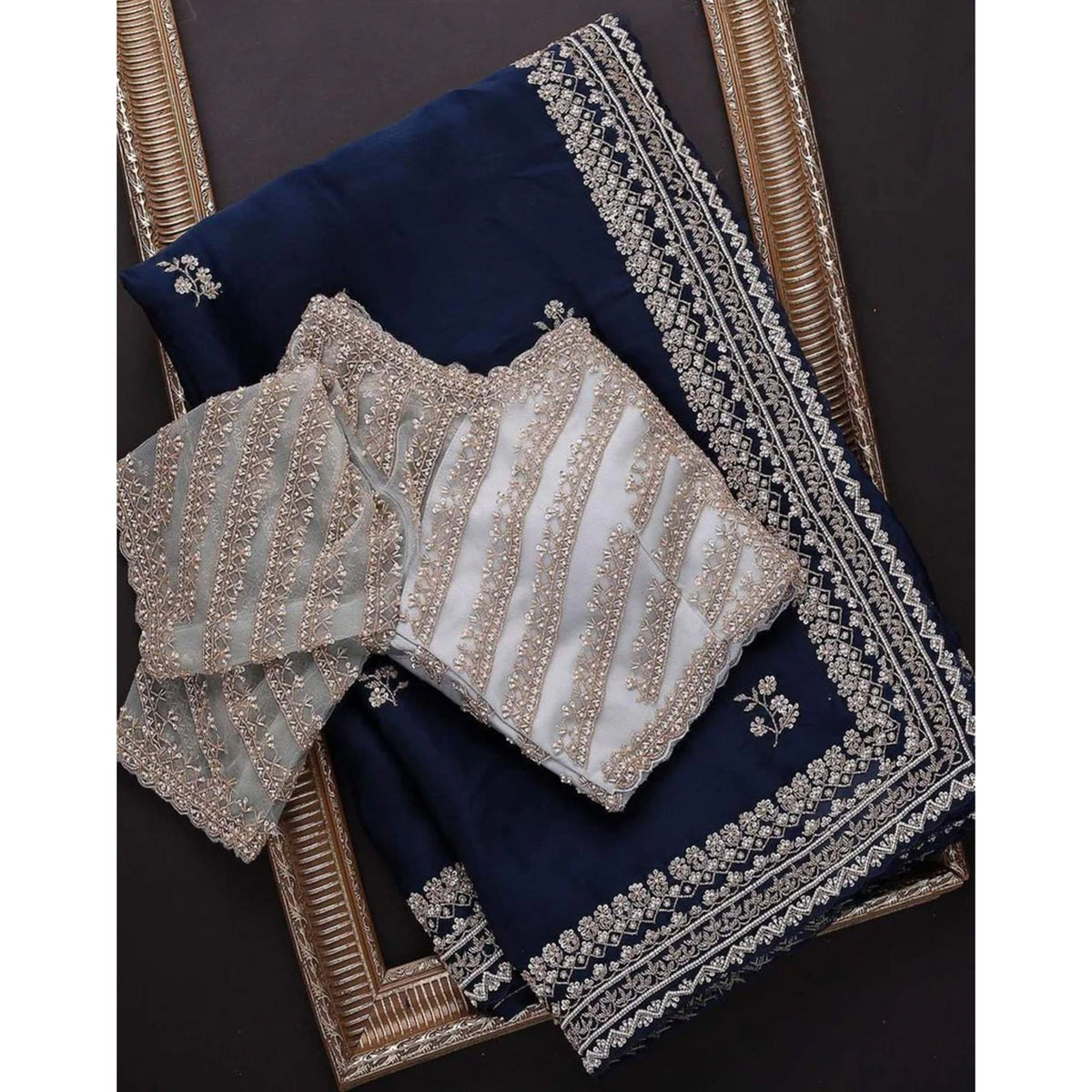 Shopesy Blue Organza Silk Saree with Grey Blouse and Heavy Embroidery Work