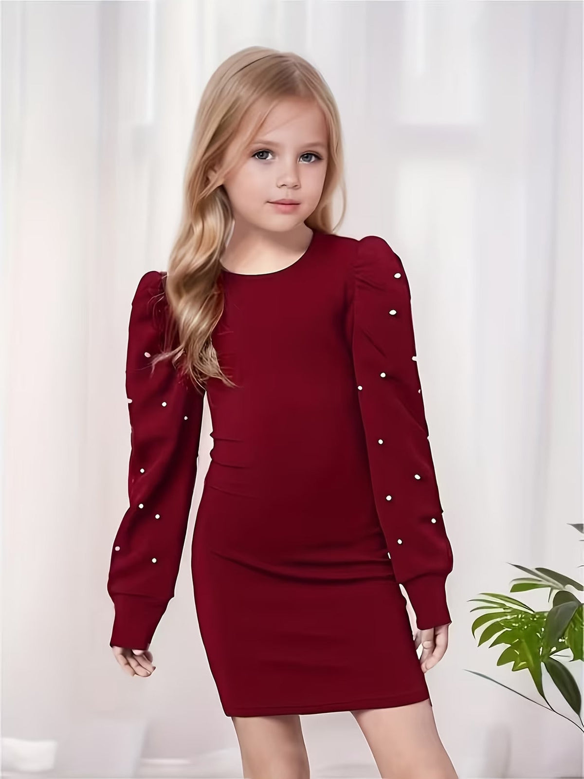 Shopesy Girls Maroon Pearl Embellished Puff Sleeve Bodycon Dress