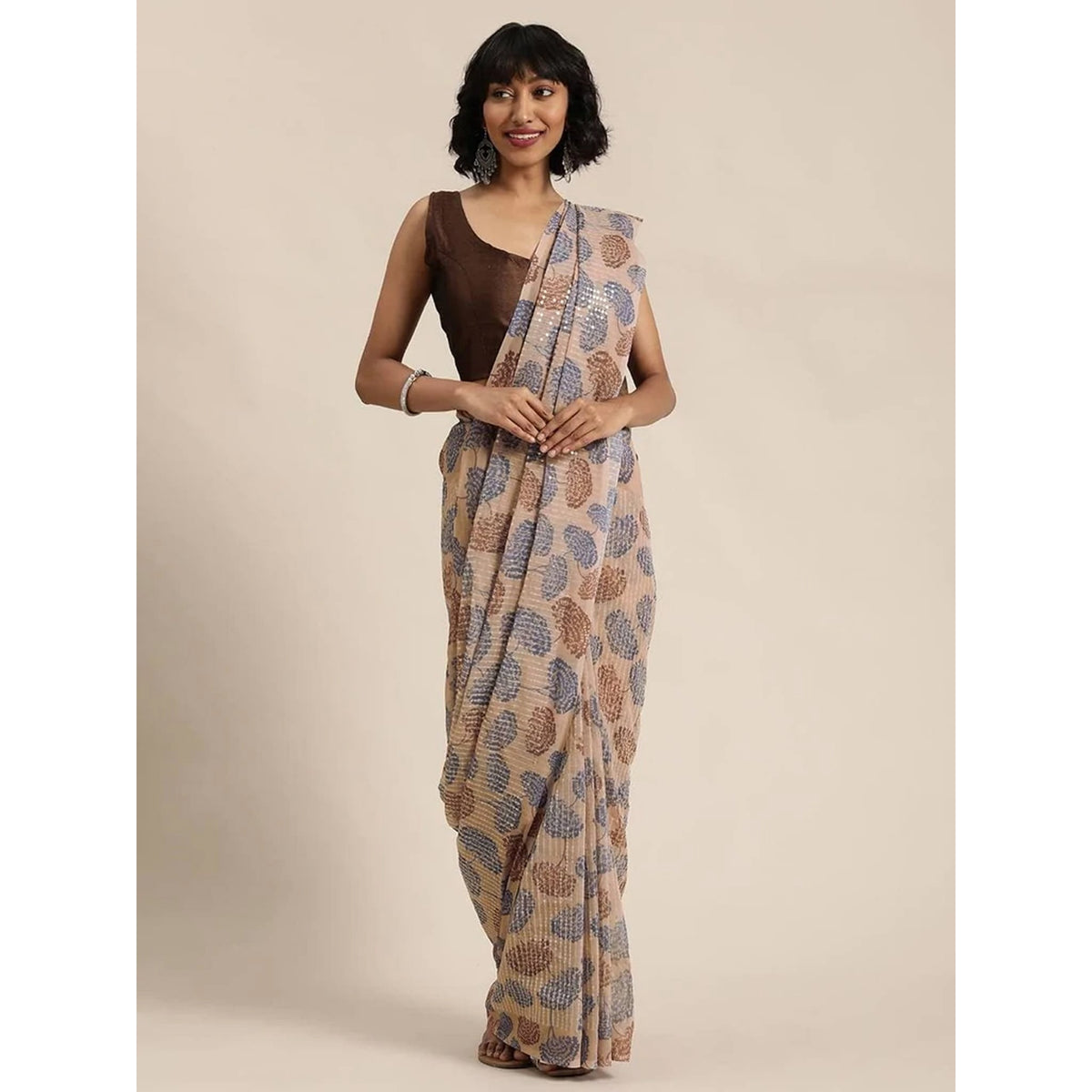 Shopesy Full sequence Beige Saree with Coffee Blouse