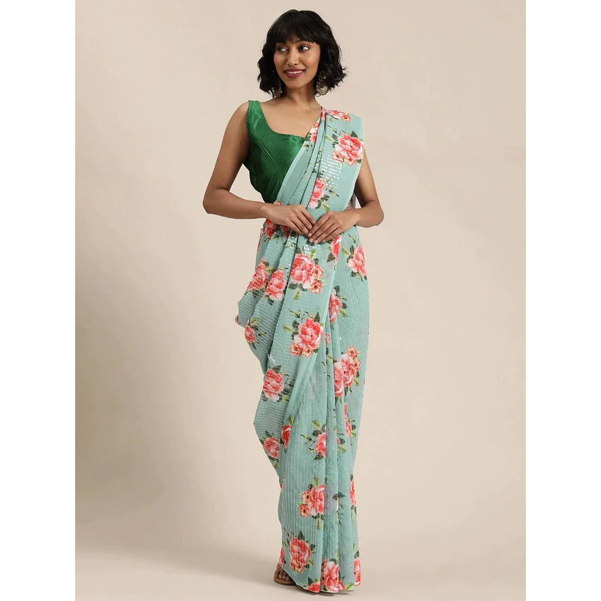 Shopesy Full sequence Light Green Saree with Green Blouse