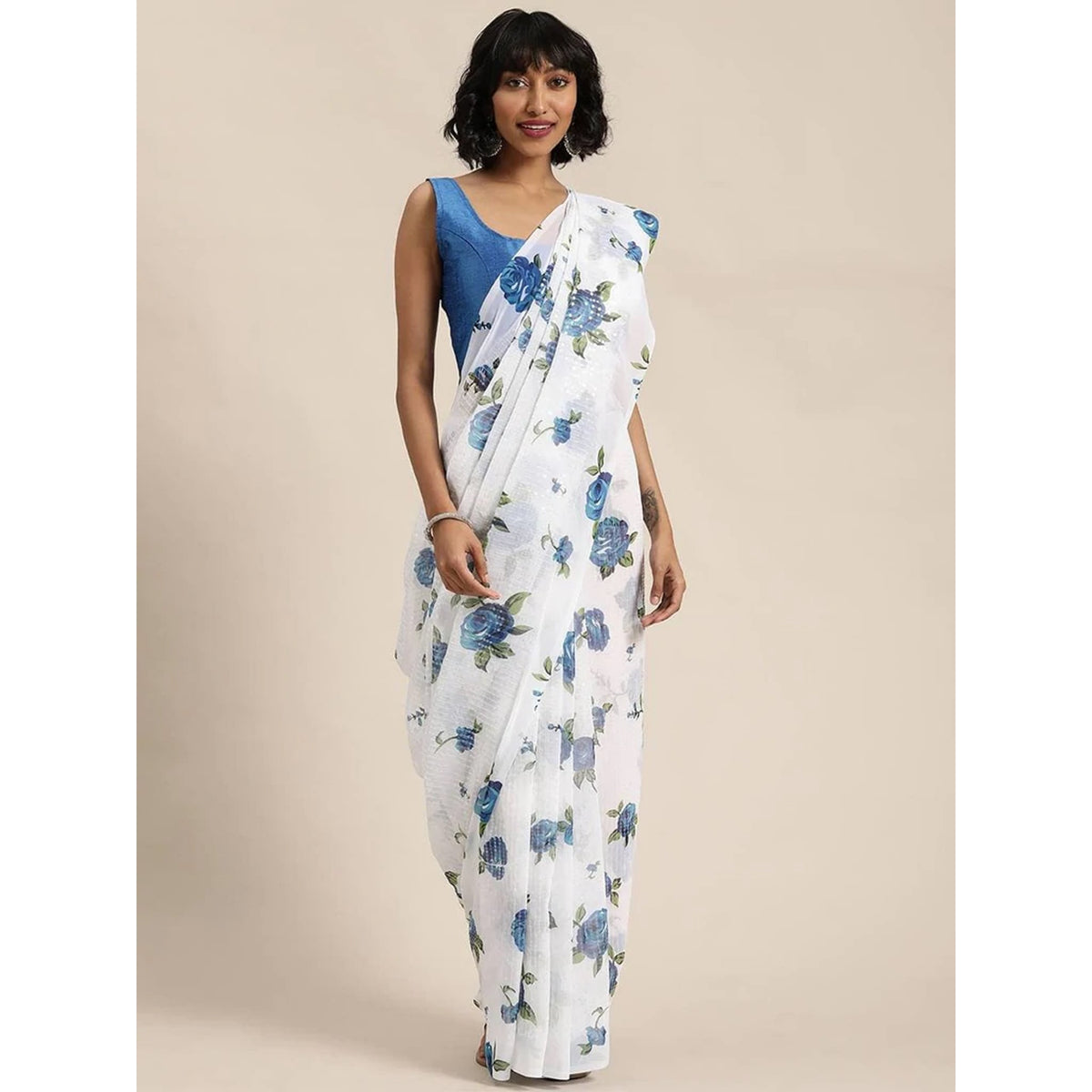 Shopesy Full sequence White Saree with Blue Blouse