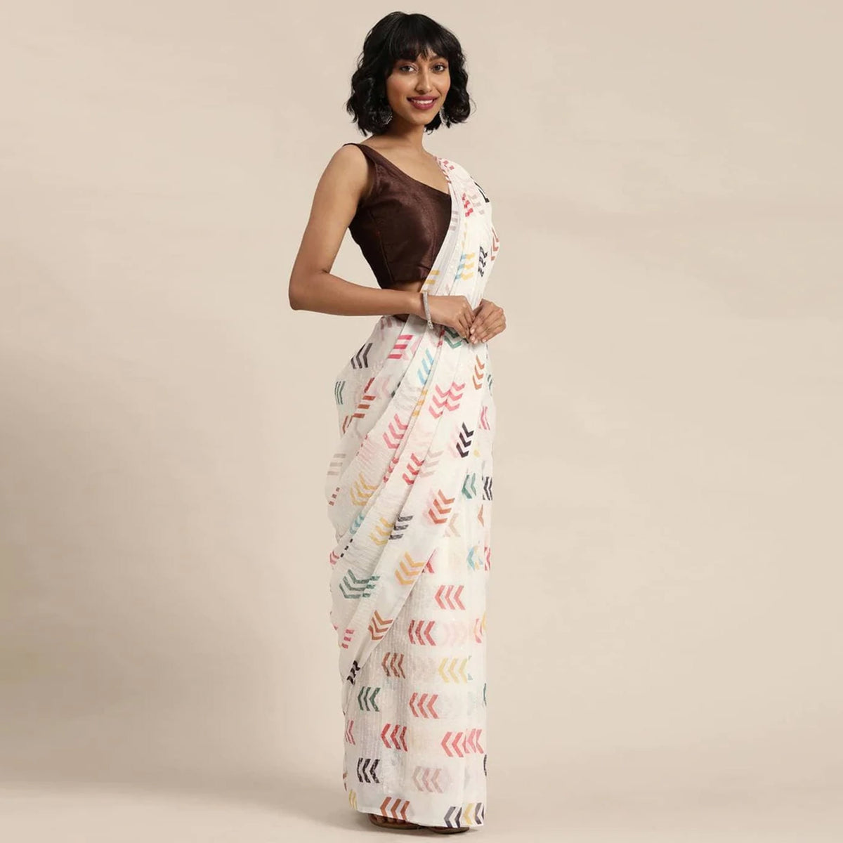 Shopesy Full sequence White Saree with Coffee Blouse