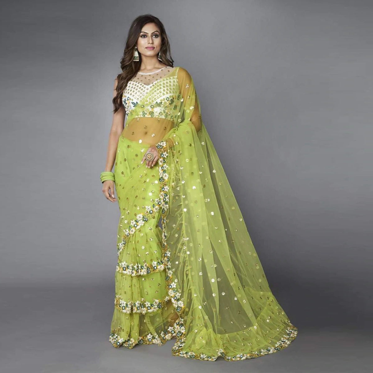 Shopesy Green Ruffle Saree in Soft Net Fabrics with Embroidery Work