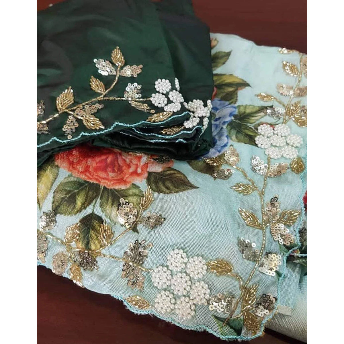 Shopesy Malai Silk Saree with Hand Paint and Handi Crafted Khatli and Pearl Work with Handwork Sleeves Blouse
