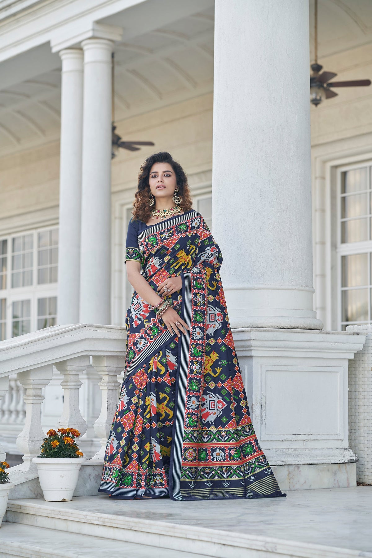 Shopesy Beautiful Weaving Work Sangeet Wear Navy Blue Color Patola Style Saree In Art Silk Fabric