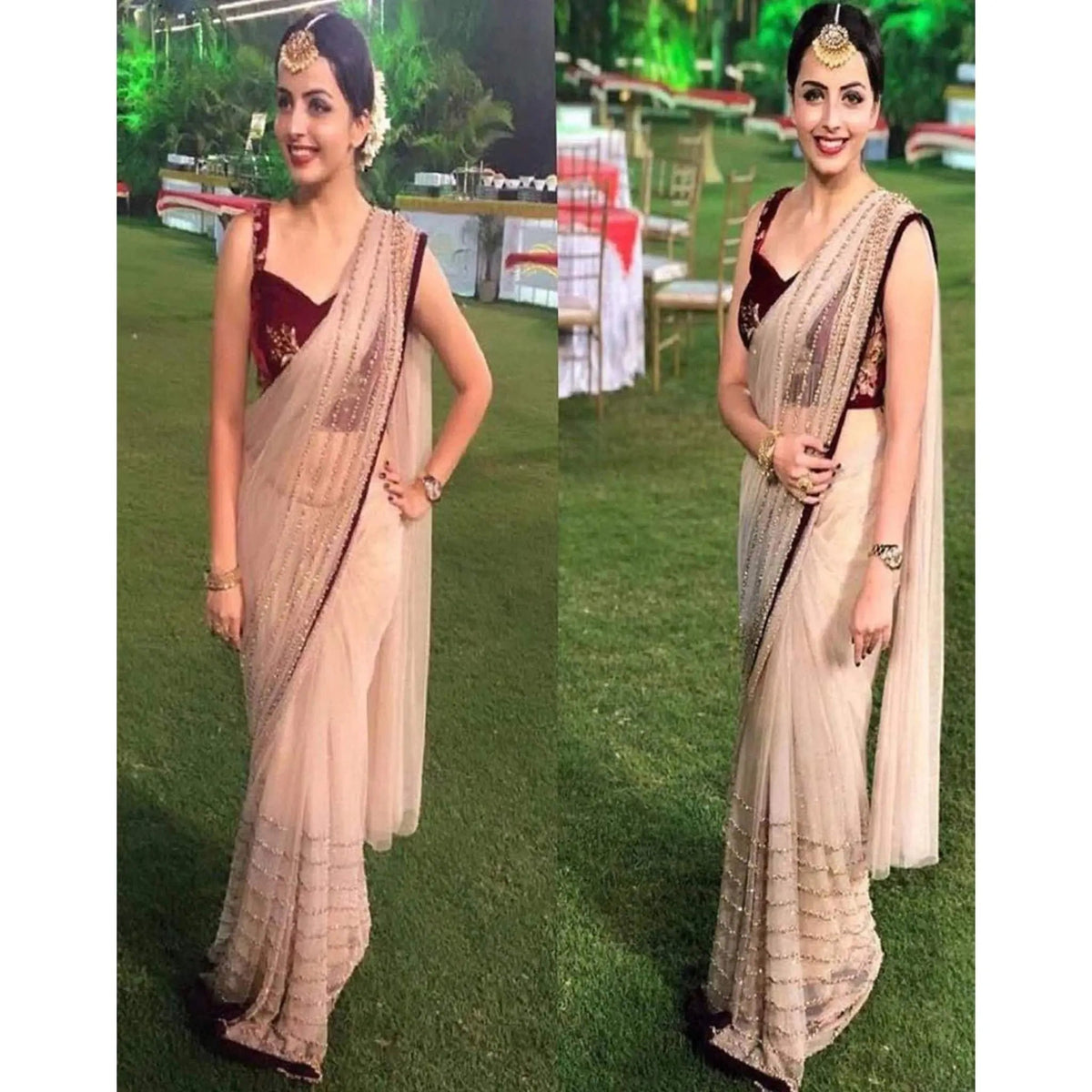 Shopesy Energetic Beige Color Designer Party Wear Fancy Thread Work Party Wear Sarees