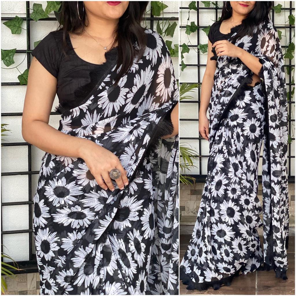Shopesy Black Floral printed Georgette Saree with Silk Blouse