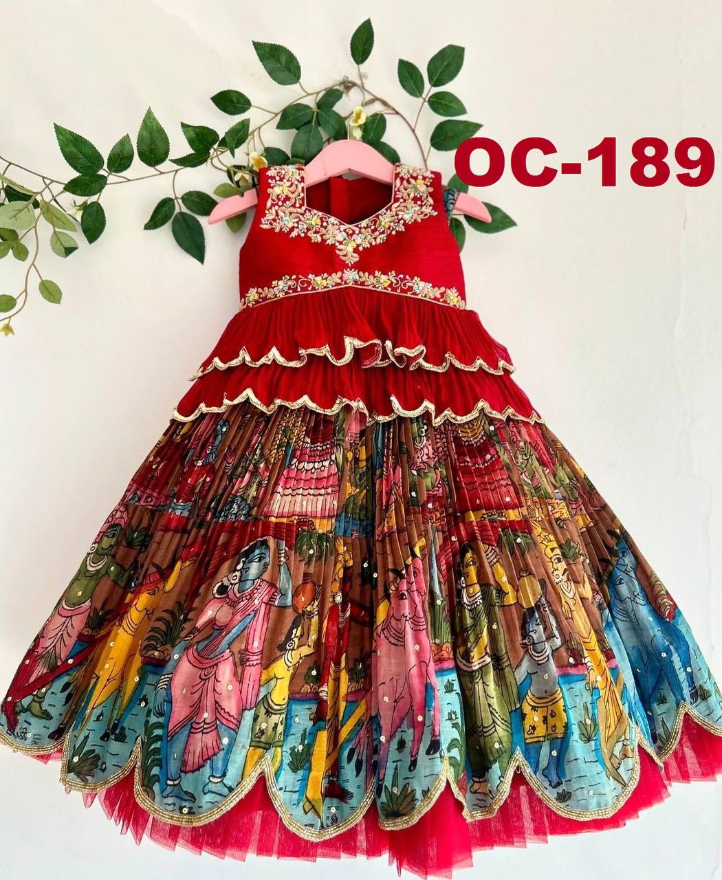 Shopesy Girls Red Embroidered Sleeveless Top & Multicolour Traditional Print Lehenga