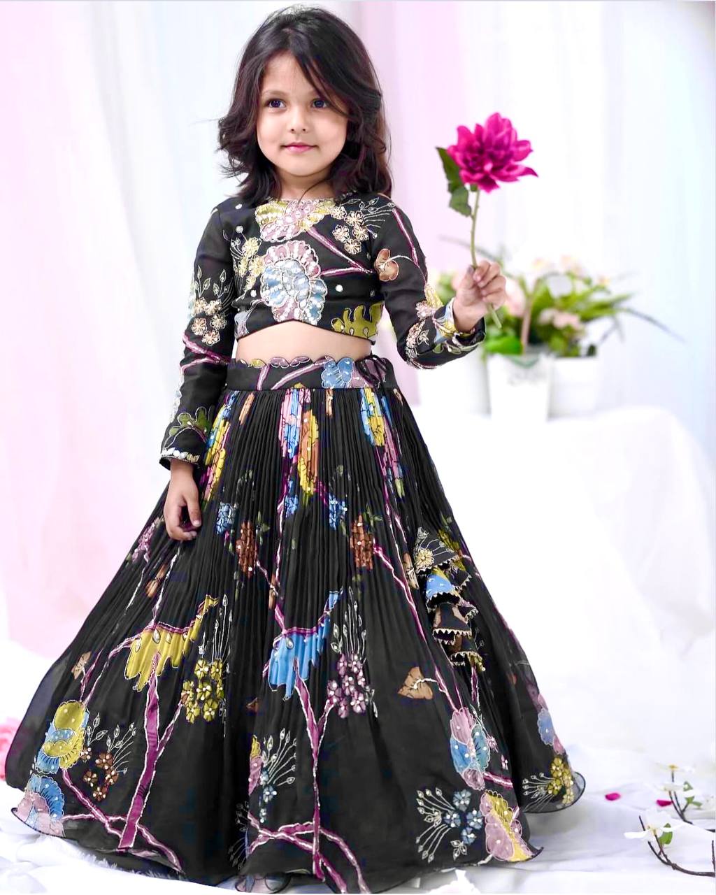 Shopesy Black Floral Embroidered Kids Lehenga Choli