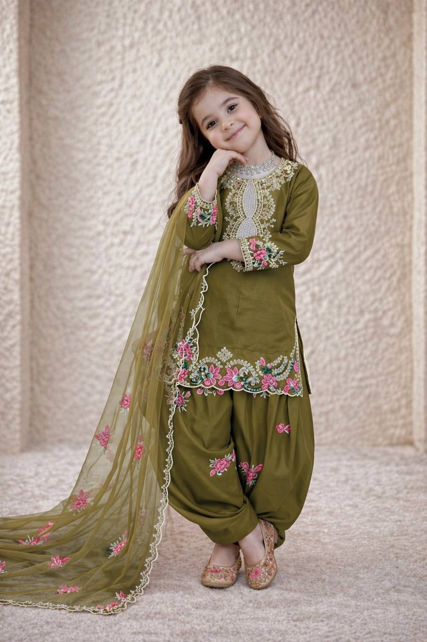 Shopesy Girls Olive Green Embroidered Kurta Salwar Set with Dupatta