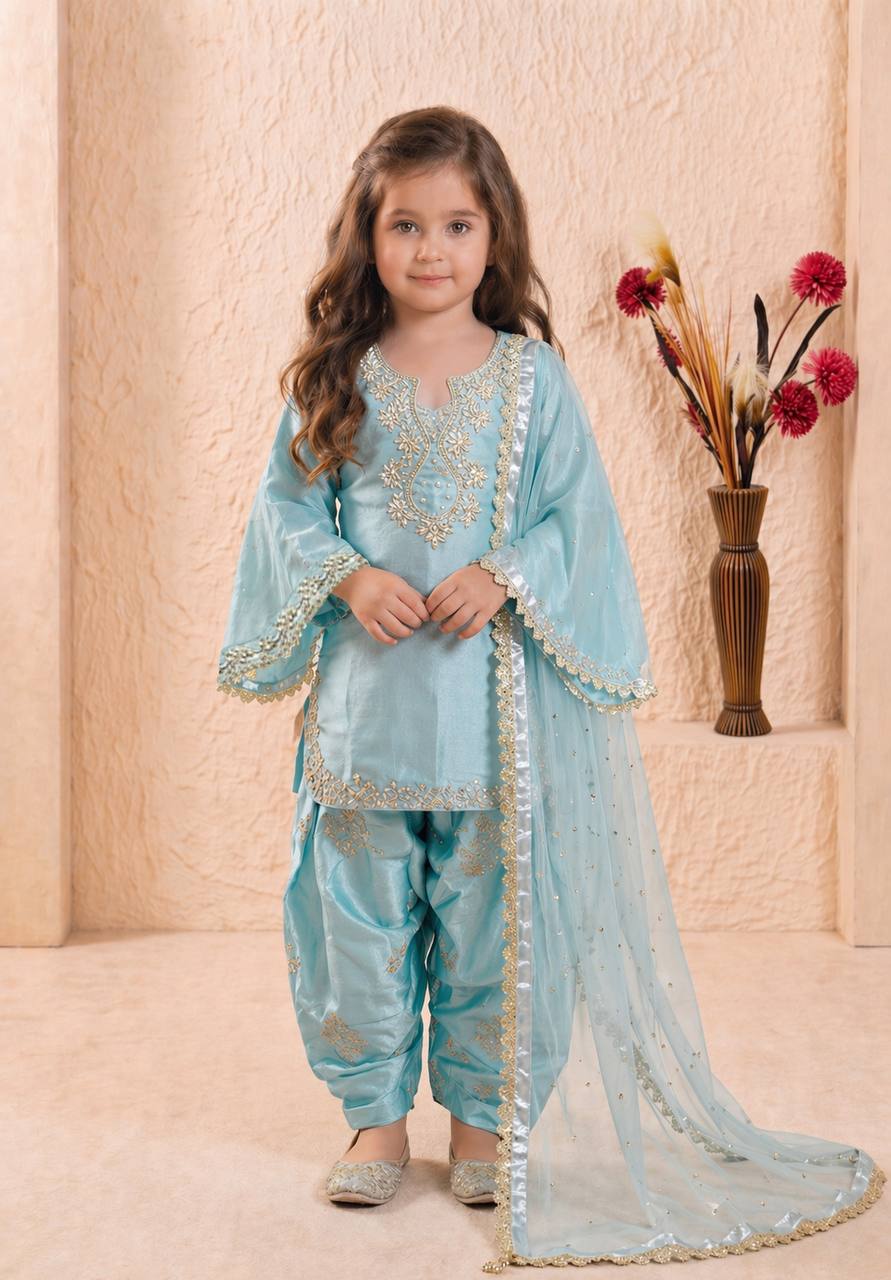 Shopesy Girls Sky Blue Embroidered Kurta Patiala Set with Dupatta