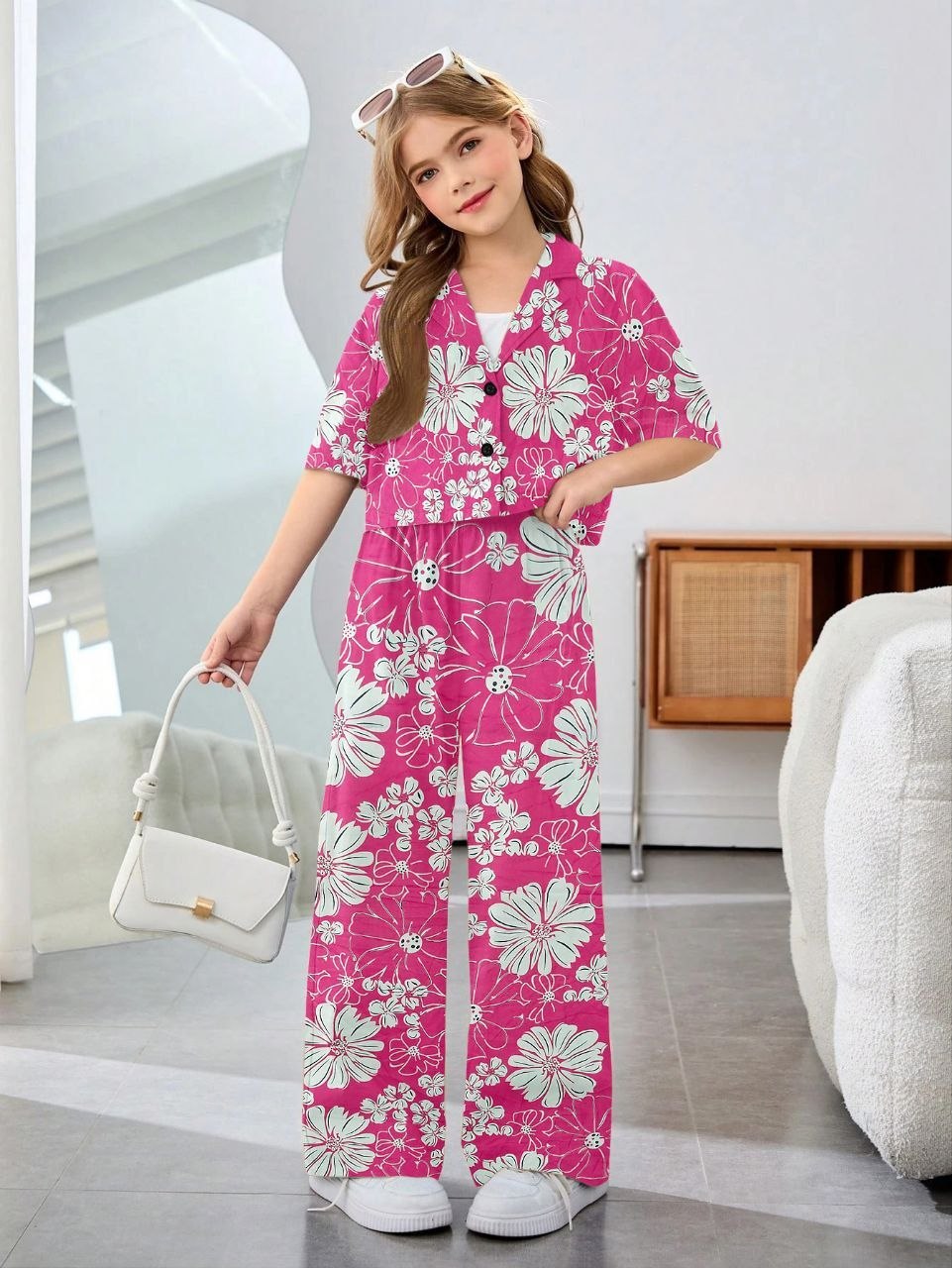 Shopesy Girls Pink Floral Printed Co-Ord Set