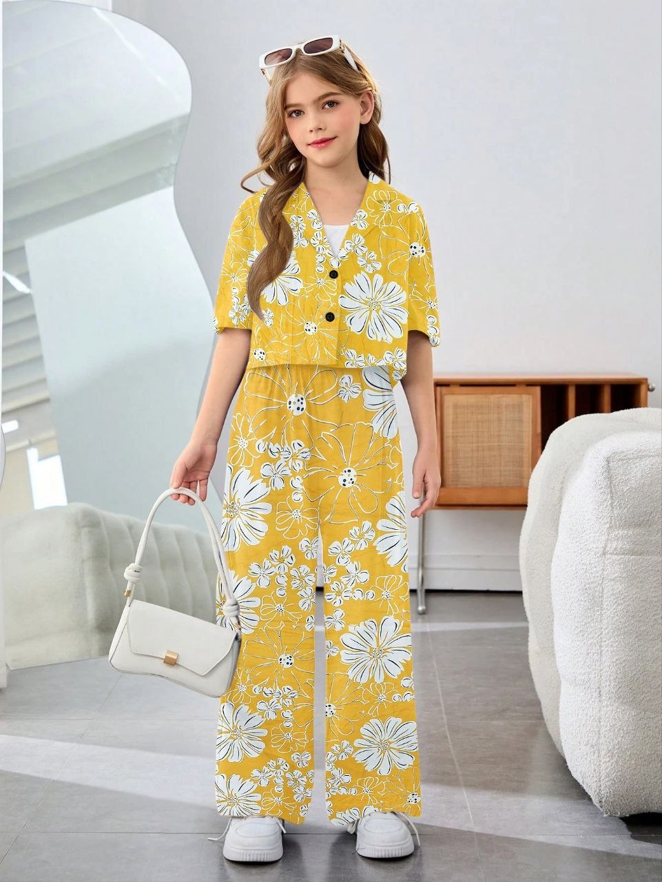 Shopesy Girls Mustard Yellow Floral Printed Co-Ord Set
