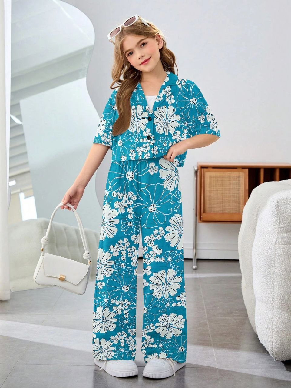 Shopesy Girls Teal Blue Floral Printed Co-Ord Set