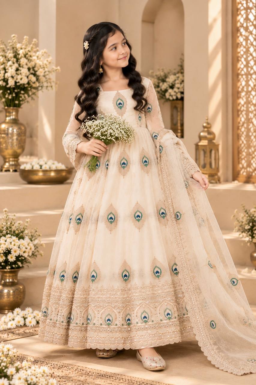 Shopesy Girls Cream Embroidered Anarkali Dress with Dupatta