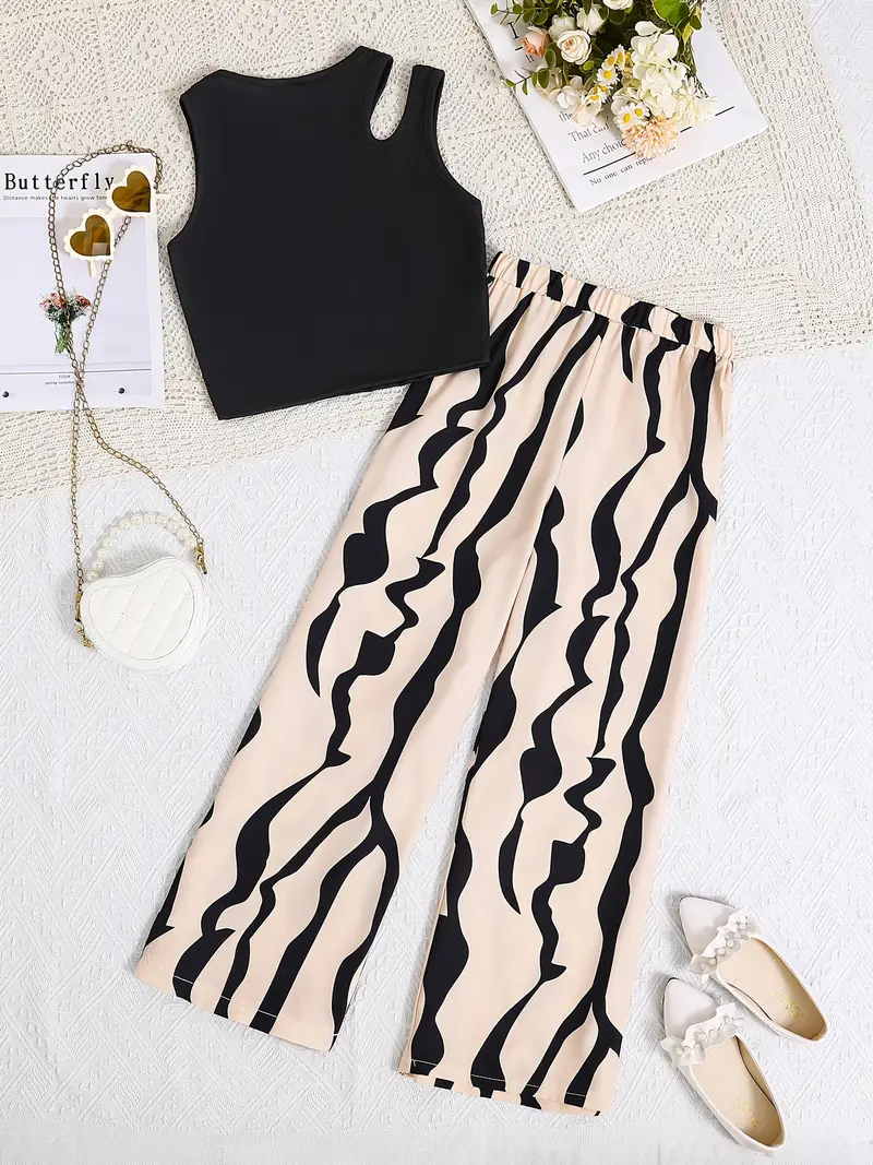 Shopesy Girls Black Crop Top with Beige & Black Printed Wide Pants