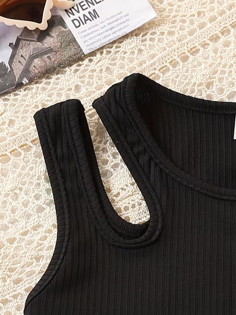 Shopesy Girls Black Ribbed Sleeveless Crop Top & Striped Wide Leg Pants Set