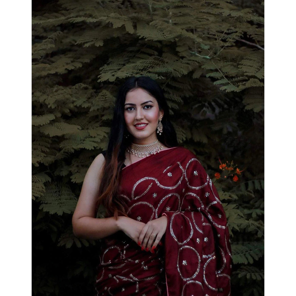 Shopesy Maroon Silk Saree with Beautiful Circle Sequence Work and Silk Blouse for Wedding