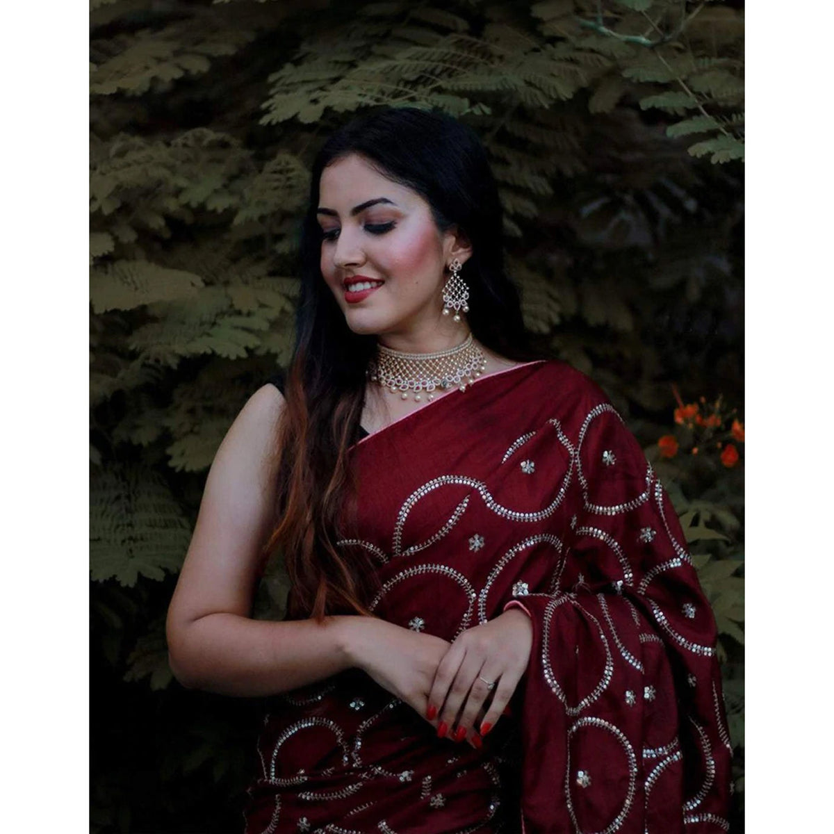 Shopesy Maroon Silk Saree with Beautiful Circle Sequence Work and Silk Blouse for Wedding