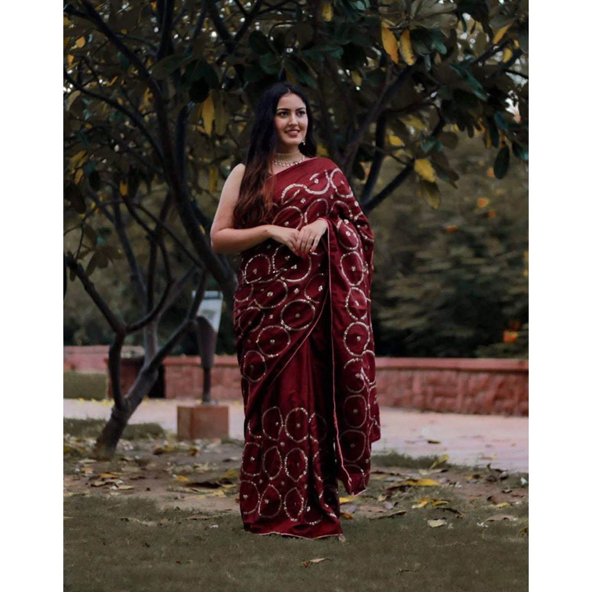 Shopesy Maroon Silk Saree with Beautiful Circle Sequence Work and Silk Blouse for Wedding