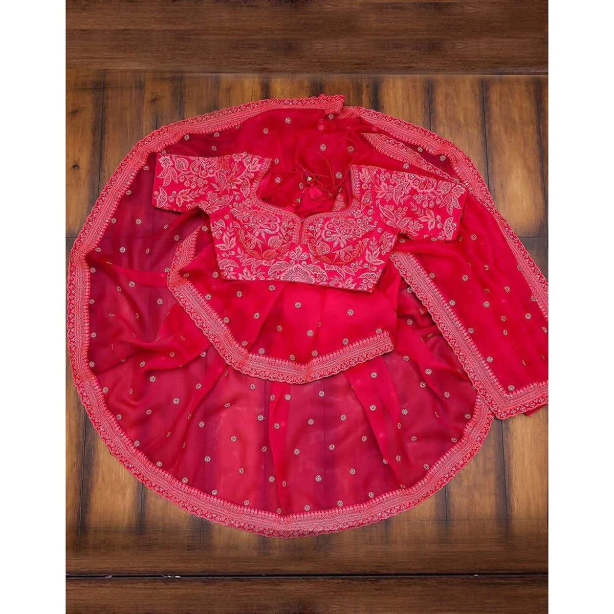 Shopesy Neon Pink Organza Silk Saree with Heavy Embroidery Work