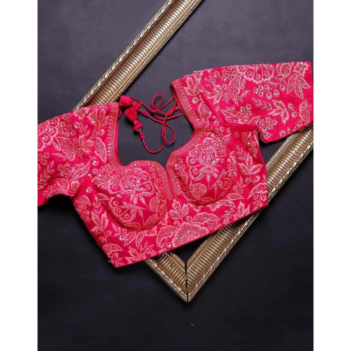 Shopesy Neon Pink Organza Silk Saree with Heavy Embroidery Work