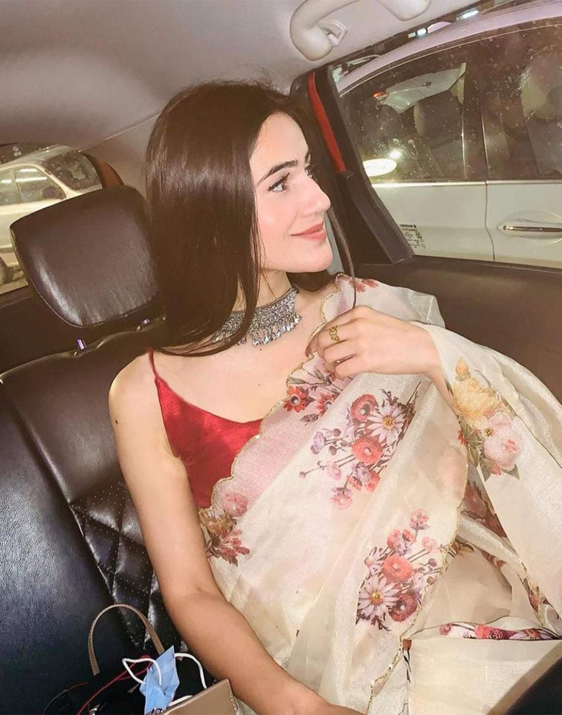 Shopesy Kashmiri Organza Floral Print Handwork Saree with Maroon Silk Blouse