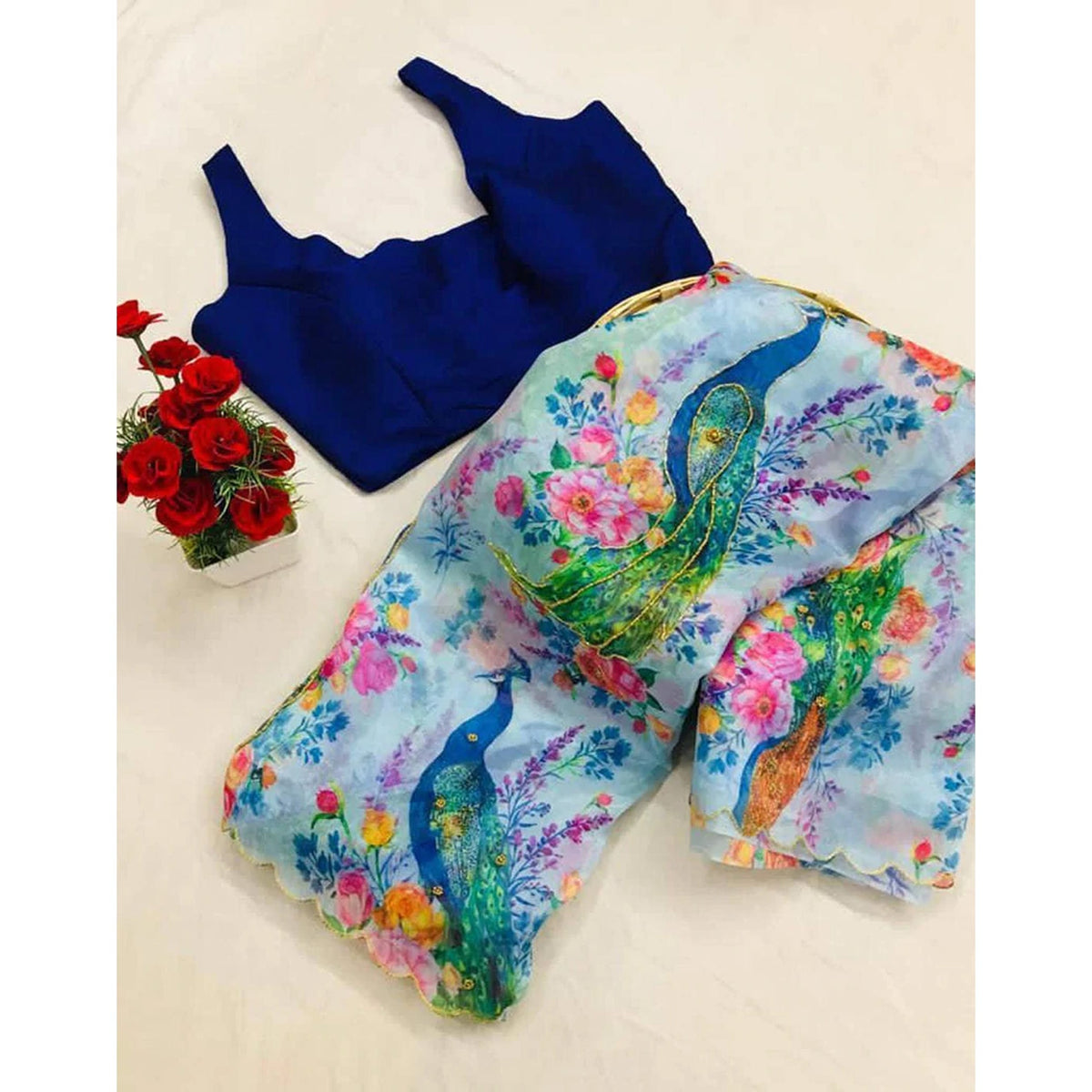 Shopesy Organza Silk Digital Print Saree with Blouse for Wedding and Party